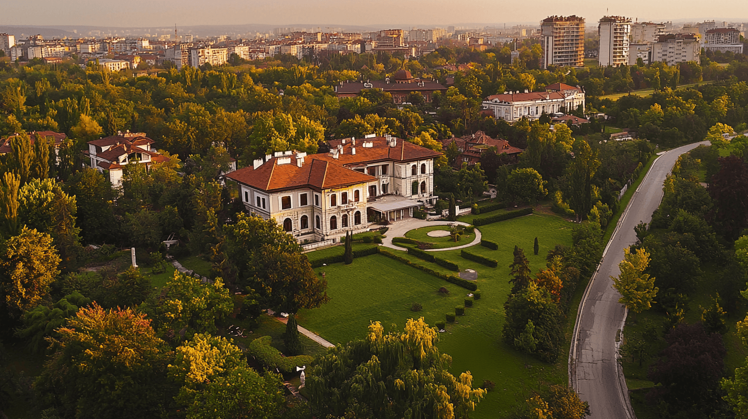 Aerial view of Corbeanca with elegant homes, green spaces, and a scenic road connecting to Bucharest, emphasizing its hidden charm.