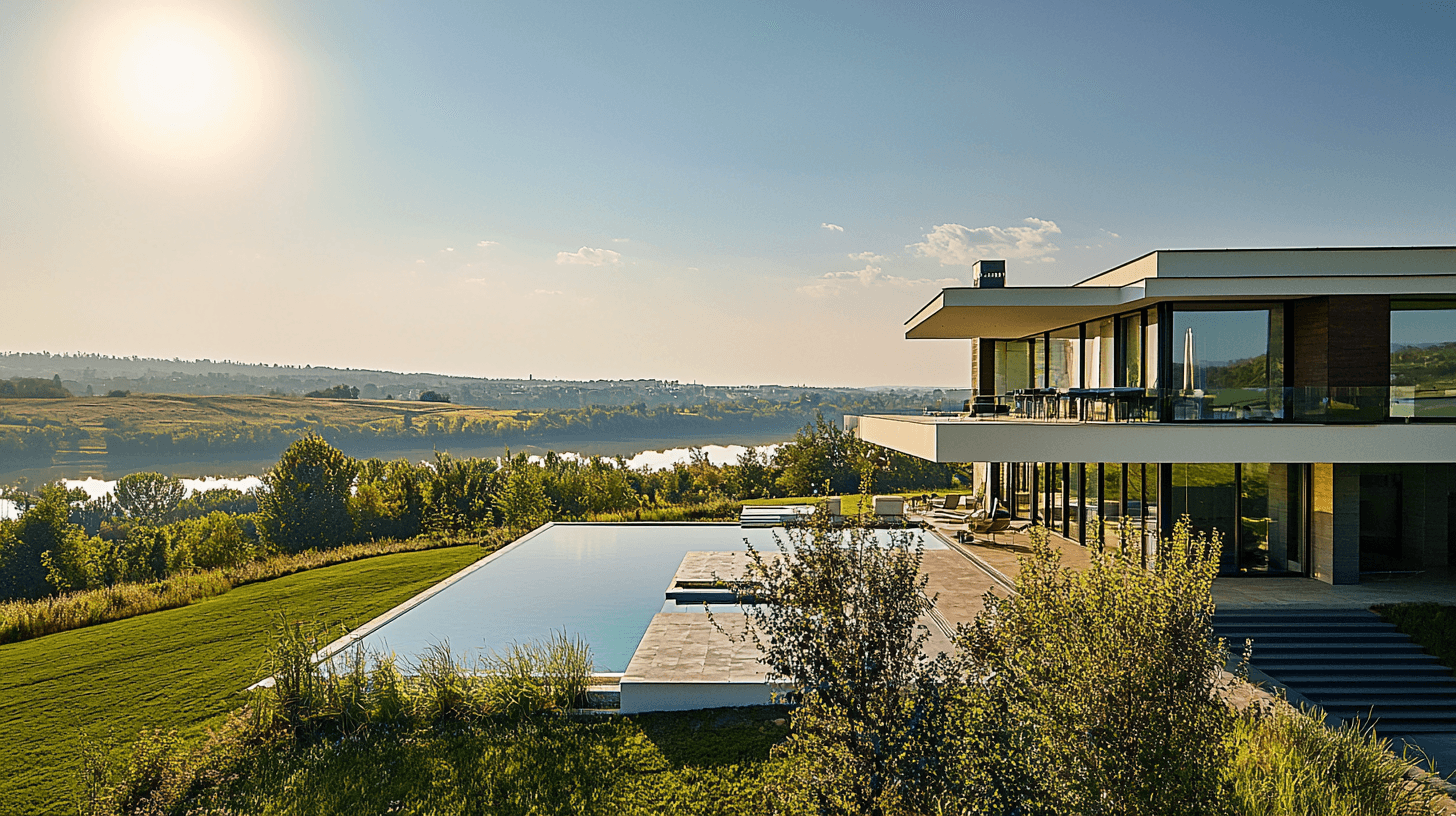 A modern luxury villa in Corbeanca surrounded by greenery and a serene lake, showcasing the area’s appeal for upscale living near Bucharest.