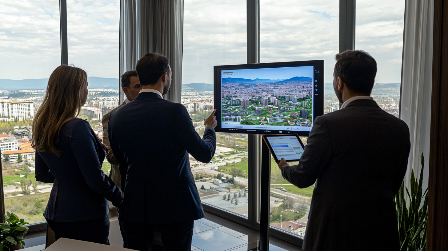 Foreign investors and a real estate advisor discussing investment planning in Romania, reviewing digital property options in a modern meeting room.