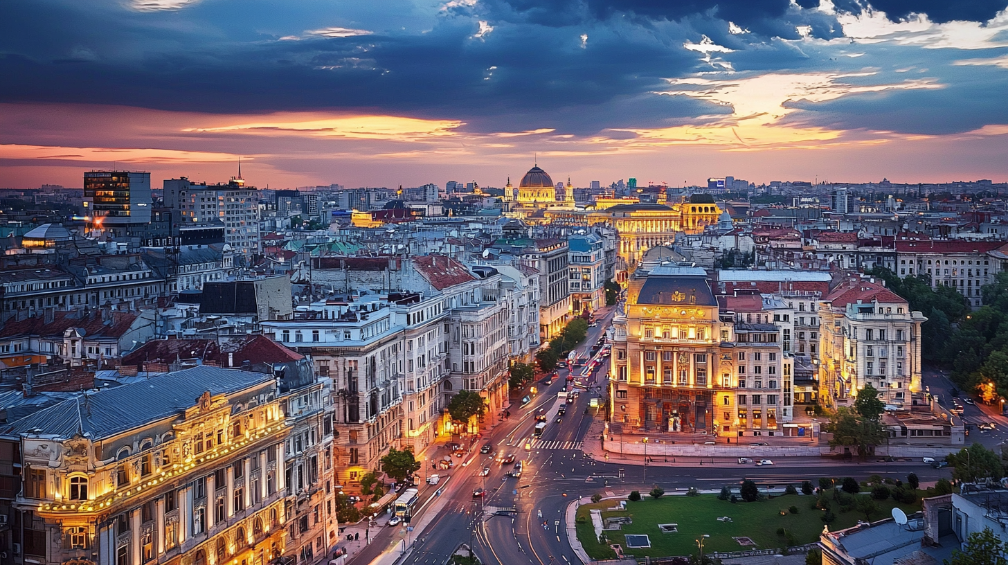 Bucharest cityscape with modern and historical architecture, showcasing land investment opportunities in a growing real estate market.