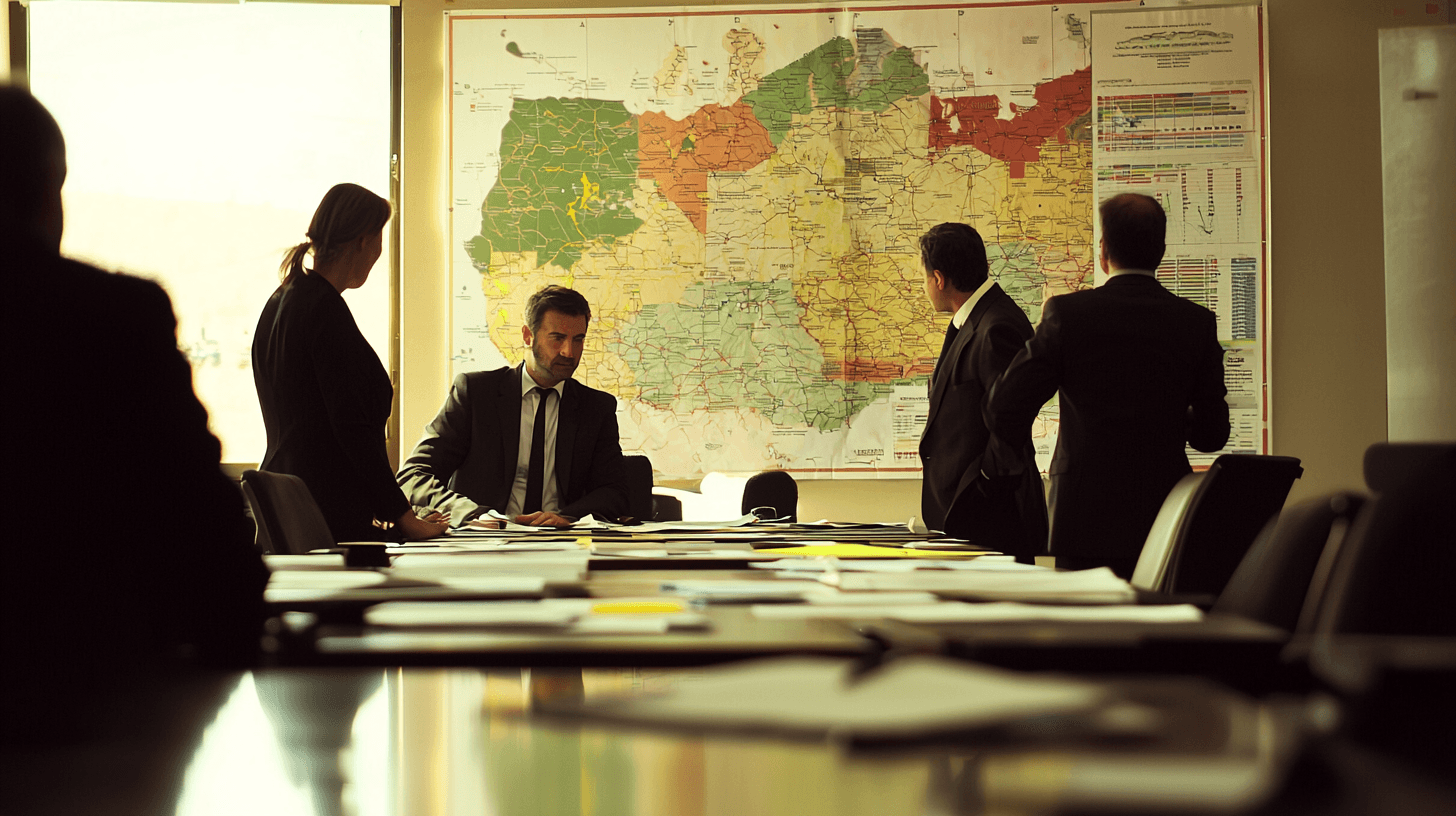 Real estate experts and investors in a professional meeting discussing land investment opportunities in Romania, with charts and maps on the wall.