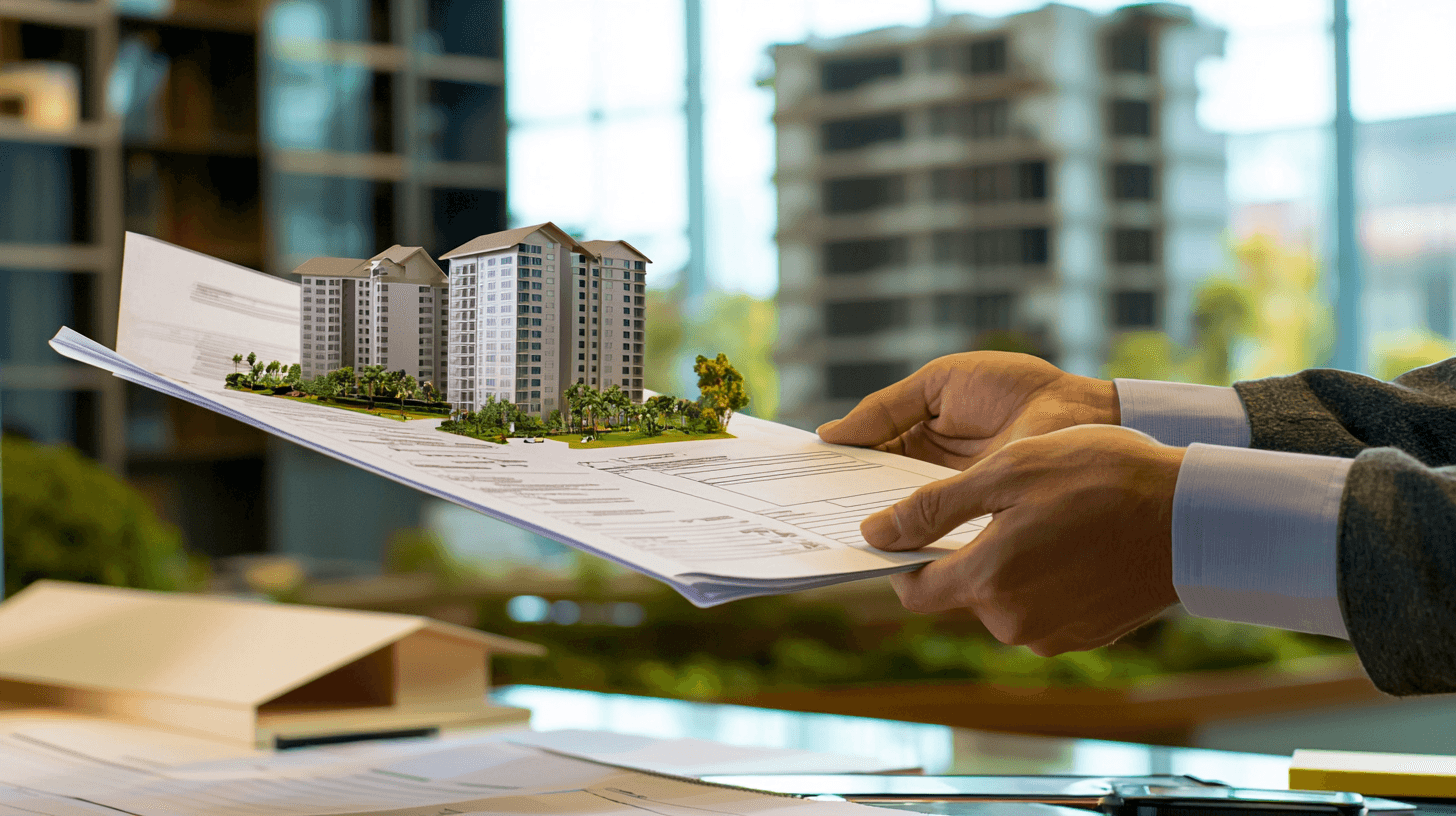 A real estate agent handing over land investment documents to a foreign investor in a professional office setting in Romania.