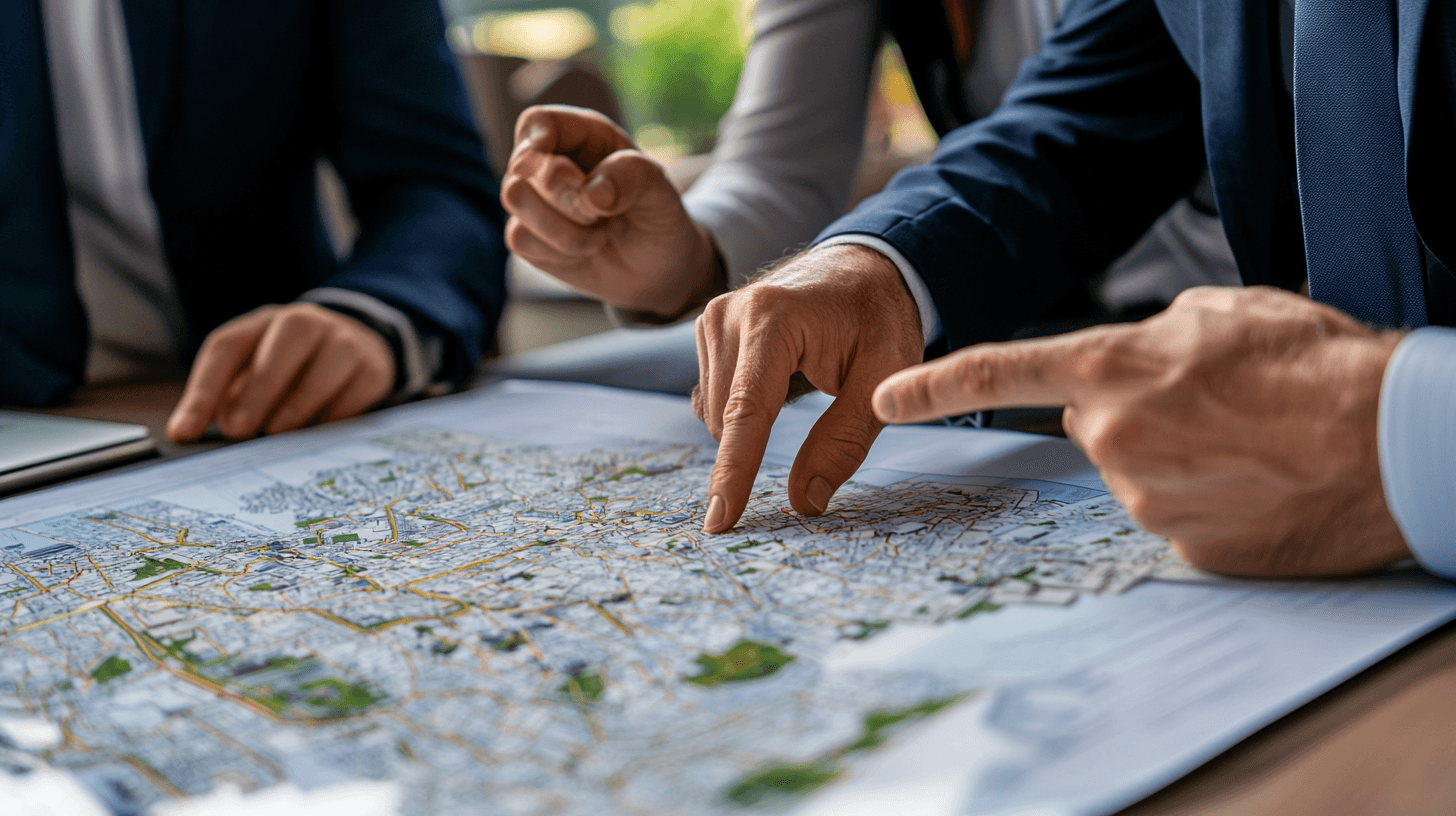 A real estate agent showing foreign investors a map of prime land investment areas near Bucharest, Romania.