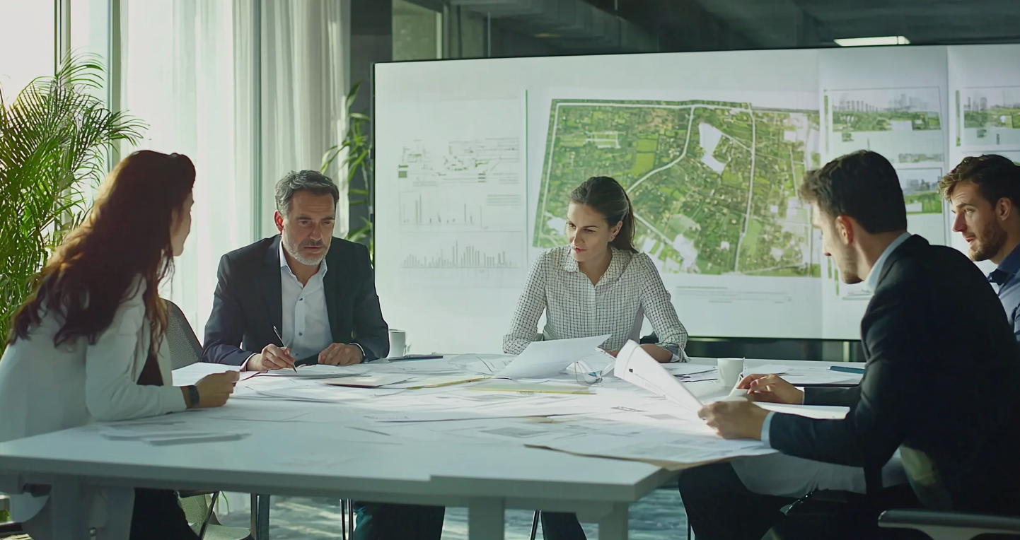 Business professionals discussing land investment planning in Romania, featuring maps, blueprints, and data charts.