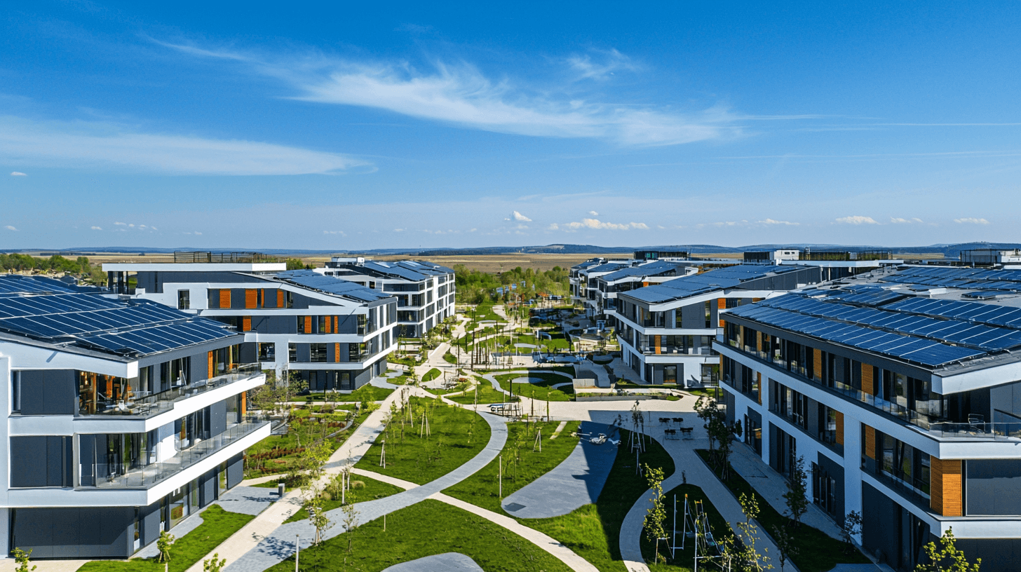 A sustainable residential development in Romania with solar-powered homes and landscaped parks, representing modern trends in real estate